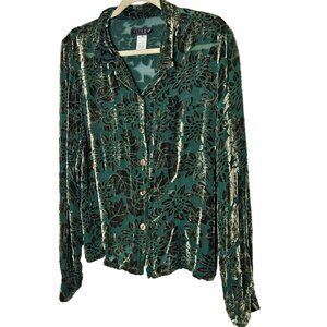 Citron Santa Monica Green Floral Burnout Velvet Button-Up Blouse M Silk‎ Velvet